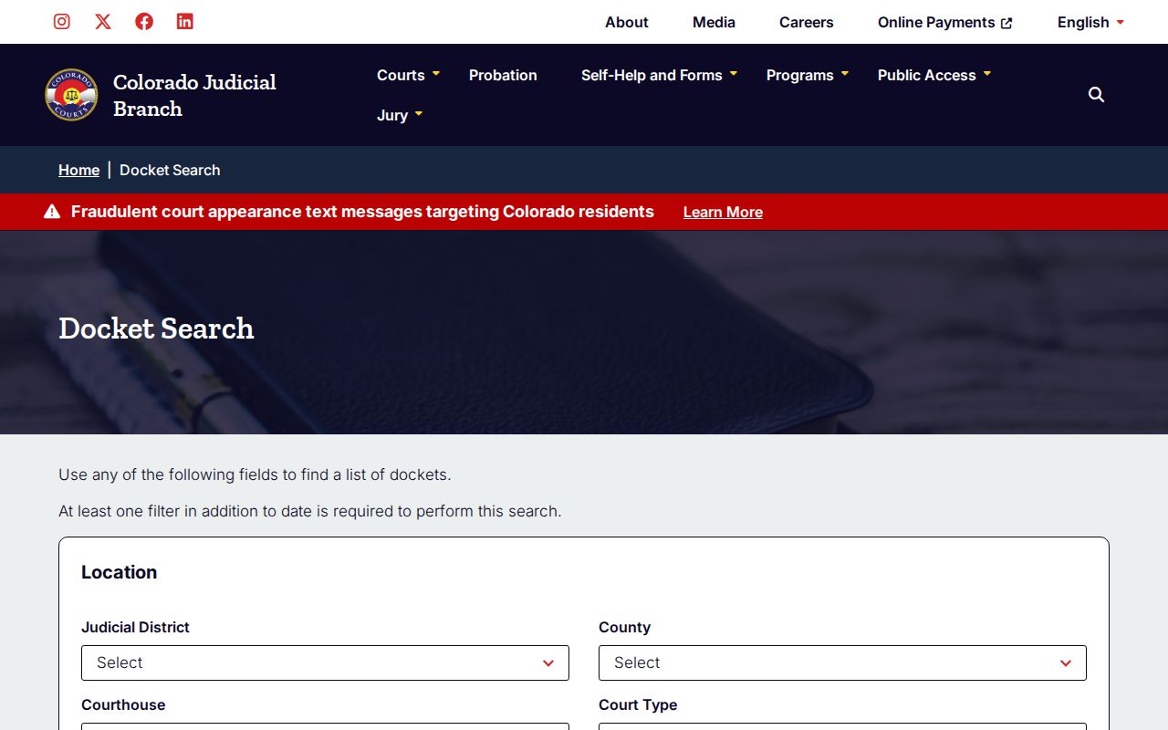 Pueblo residents directory view of Colorado court docket search fields