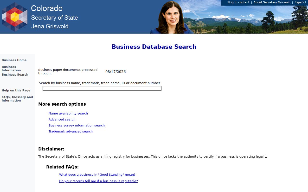 Pueblo residents directory view of Colorado business search fields