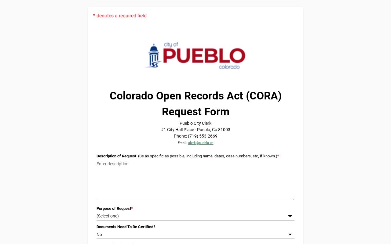Pueblo resident lookup City of Pueblo JustFOIA request form
